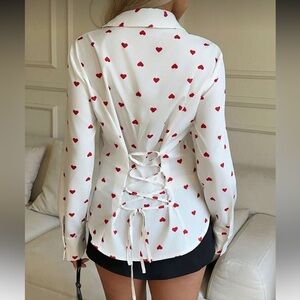 Classic Heart Print Lace-Up Back Top Blouse Button Up Shirt
